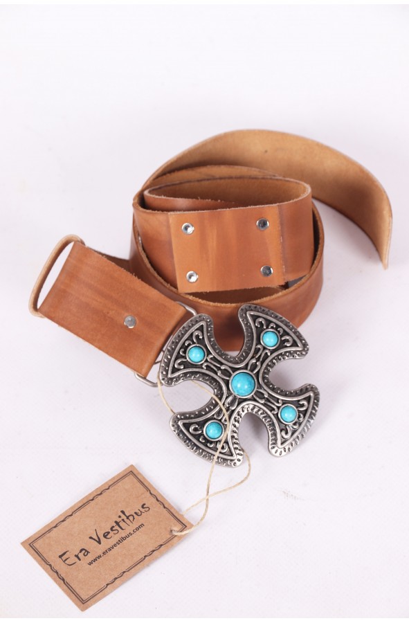 brown leather belt with silver cross