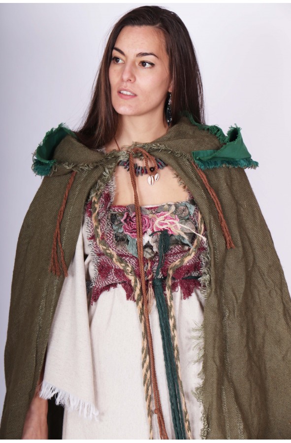 Medieval hooded cape in green jute