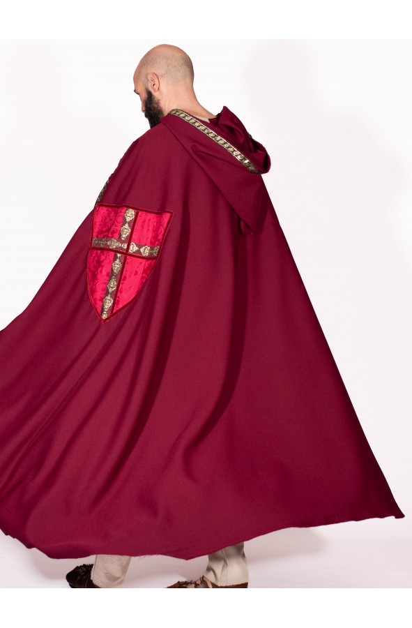Medieval red cloak with coat of arms and hood for a medieval knight