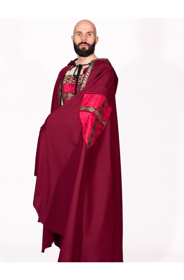 Medieval red cloak with coat of arms and hood for a medieval knight