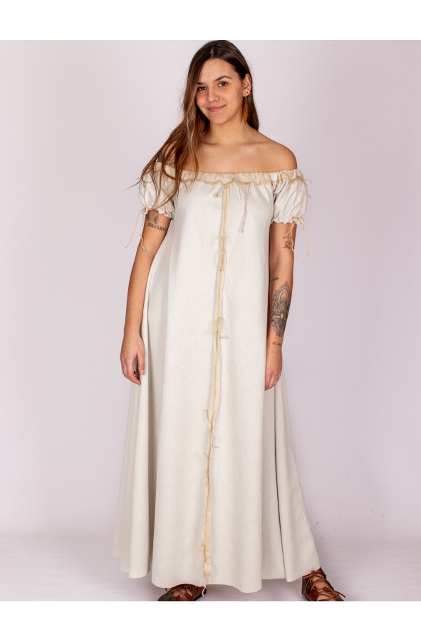 Medieval white off-the-shoulder dress...