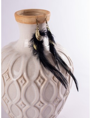 Black Feather Earrings with Golden Ornaments: Celtic or Medieval Accessory for Fairs.