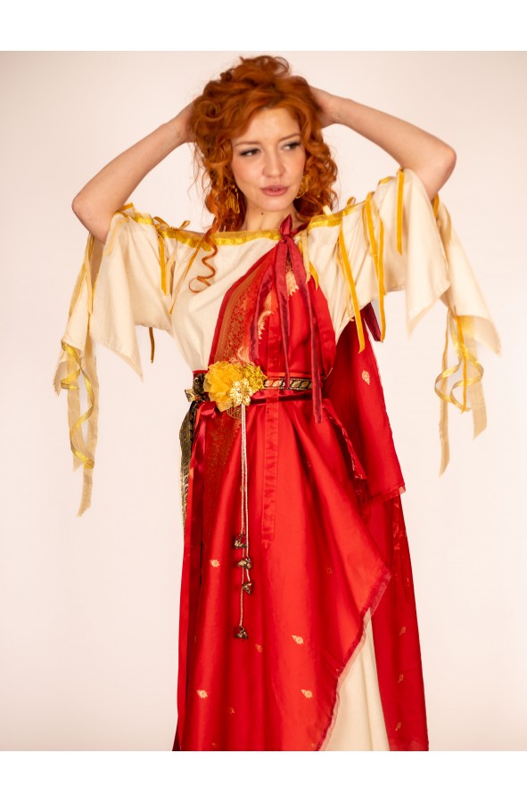 Roman Dress in Cream Color with Red...