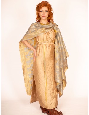Classic Roman Golden Dress with Floral Motif Mantle - Ancient Elegance by Yute Crea