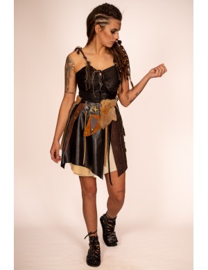 Medieval Warrior Set with Vegan Leather Top and Skirt - Wooden and Crystal Details - Adjustable and Handcrafted - Yutecrea