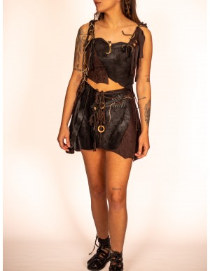 Medieval Woman Warrior Set with Asymmetrical Top and Skirt with Wooden Beads - Yutecrea