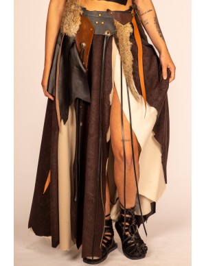 Medieval Long Skirt with Layers, Slits, and Handcrafted Leather Waistband - Yutecrea