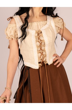 Cream bodice with rustic trim and front-back lacing