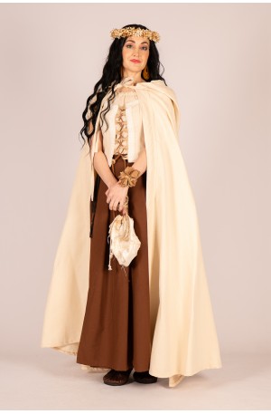 Medieval cream cloak with textured trim and fabric tie