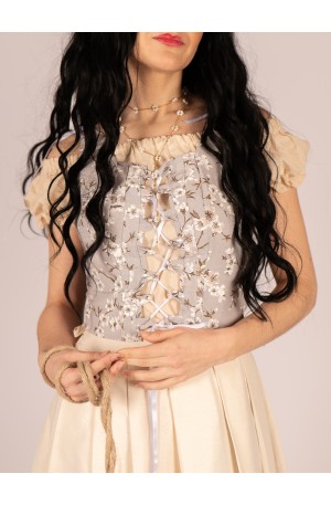 Light grey bodice with almond blossom and ribbon lacing