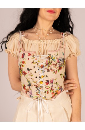 Floral and bird print corset with front ribbon lacing