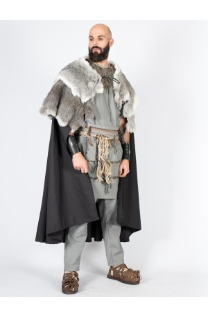 Celtic and Viking Black Cloak with Grey Rabbit Fur