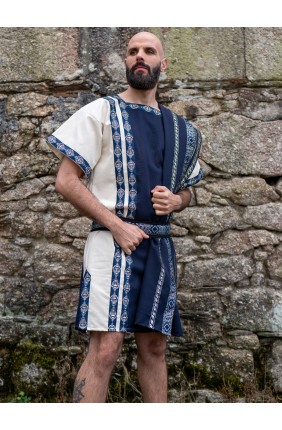 Roman set with blue and white tunic and trimmed navy toga