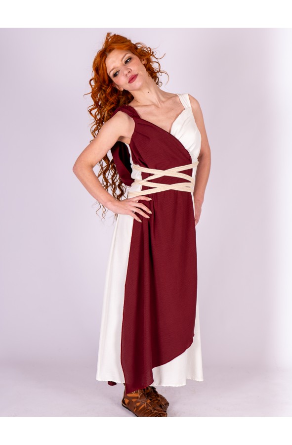 Vestido romano blanco y burdeos con...