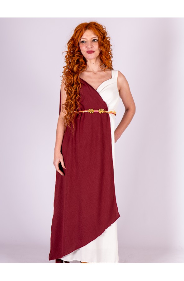 Roman dress in white and deep burgundy