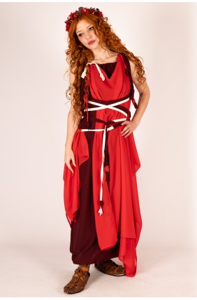 Vestido romano rojo burdeos con manto envolvente