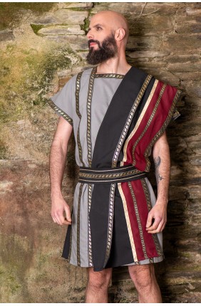 Grey Roman costume with black and maroon toga and belt.